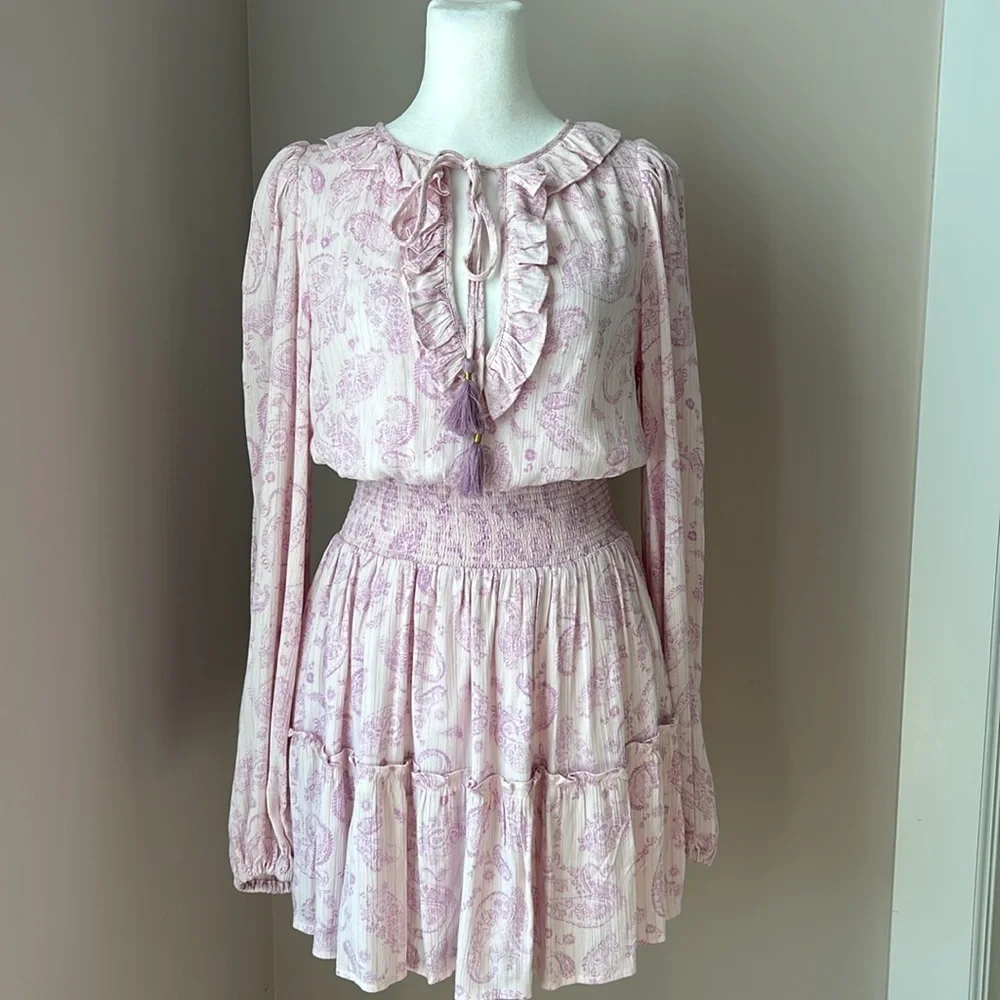 New House of Harlow 1960 Pink Purple Boho Mini Dress Paisley Long Sleeve size XS - Picture 12 of 12